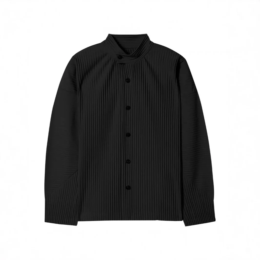Miyake New Autumn Folded Long Sleeve Men's Pleat Shirt Men's Textured Stand-Up Collar Casual Cardigan Pleated Versatile Jacket