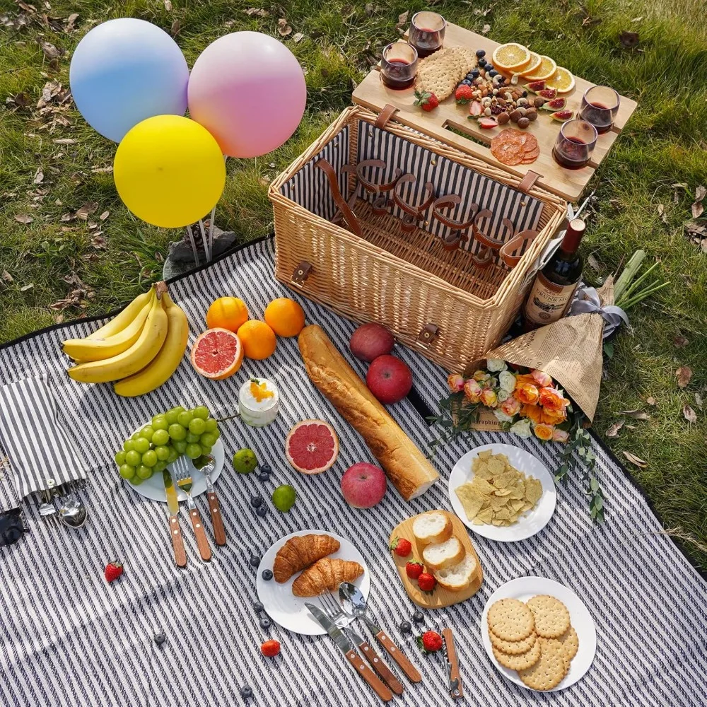 

Wicker Picnic Basket for 4, 4 Person Picnic Kit, Hamper Service Gift Set with Blanket for Camping and Outdoor Party