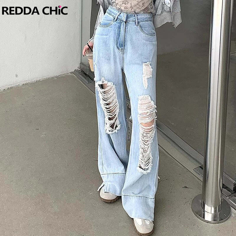 

ReddaChic Light Wash Women Baggy Jeans with Slit Blue High Rise Ripped Holes Wide Leg Casual Pants Destroyed Y2k Ladies Trousers