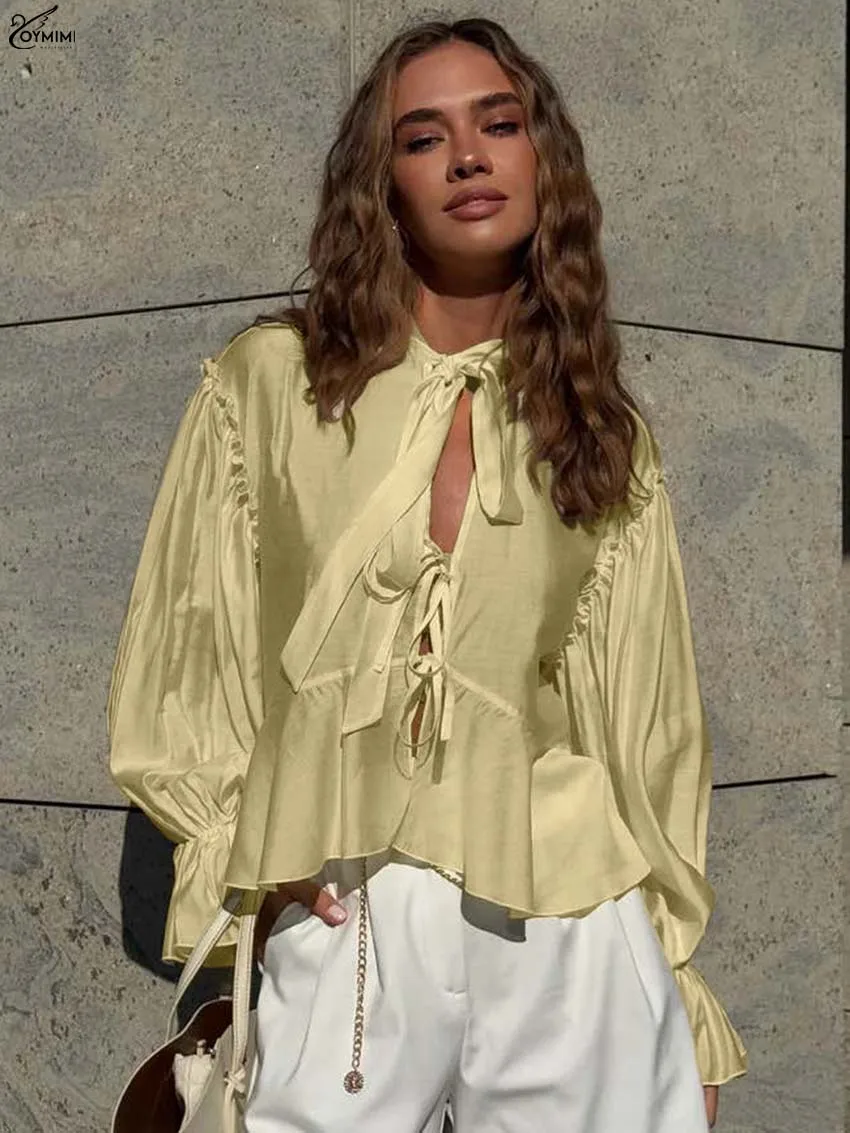 Oymimi Fashion Beige Loose Women's Blouse Autumn Bow Neck Lace-Up Long Sleeve Blouses Casual Ruffled Solid Blouses Streetwear