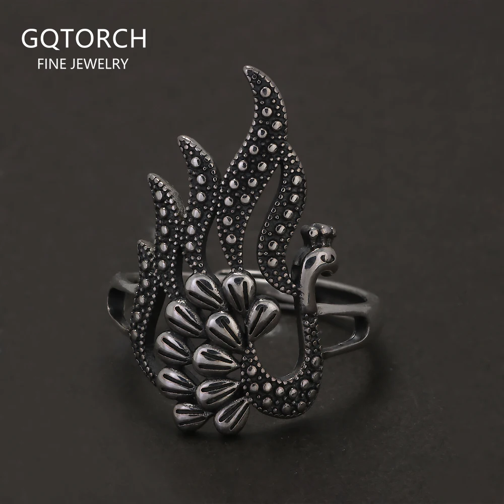 

925 Sterling Silver Ethnic Hollow Peacock Ring for Women Elegant Retro Vintage Birthday Party Jewelry Accessories