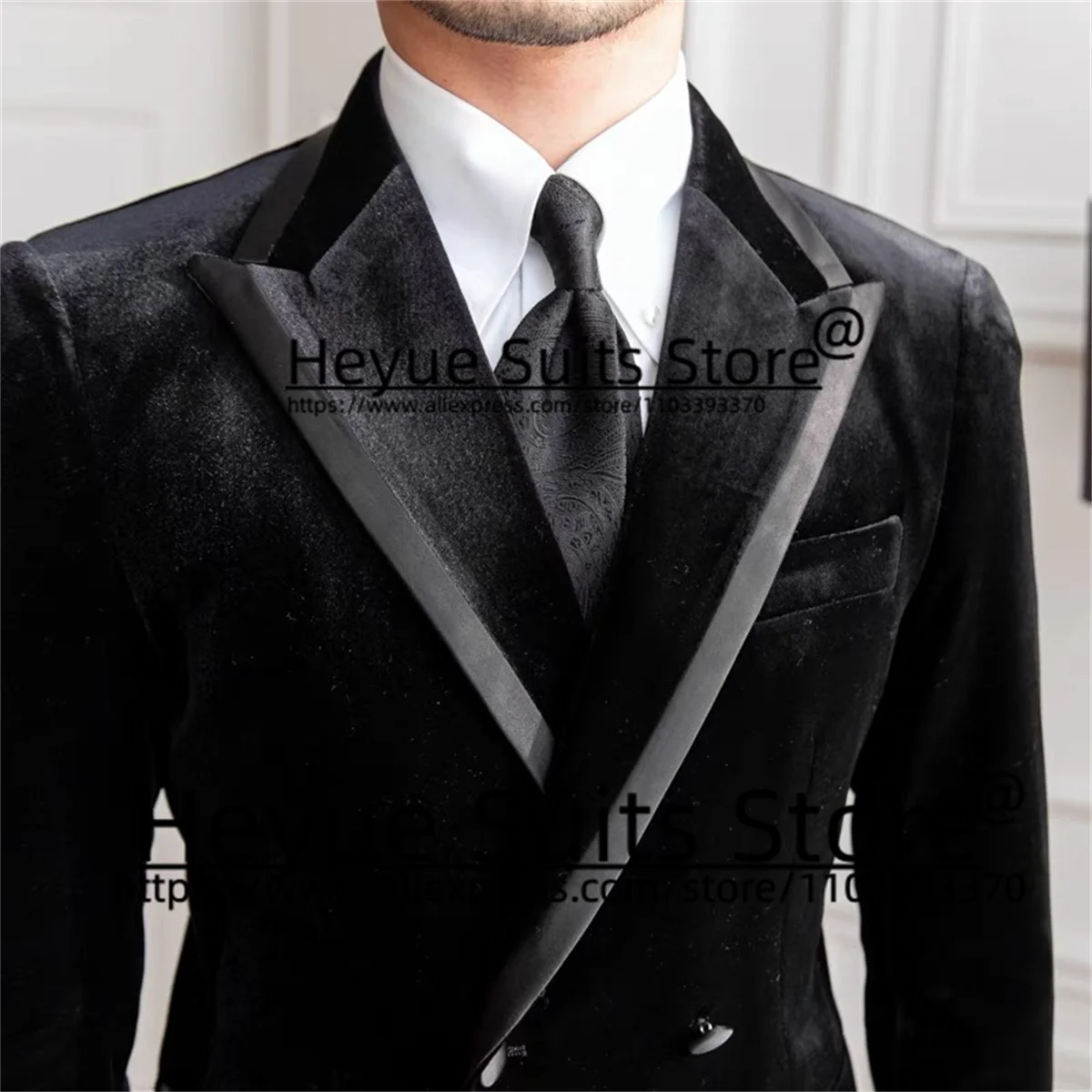 Black Velvet Banquet Men Suits Elegant Slim Fit Groom Tuxedos Double-breasted Prom 2 Pcs Sets Business Male Blazer Costume Homme