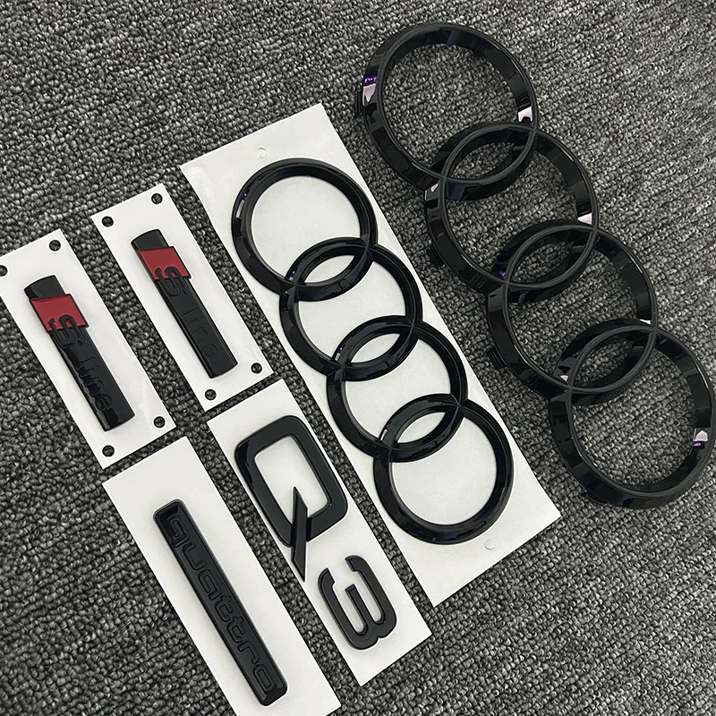 AUDI 4Ring logo ABS Black Car Hood Front Grill Emblem Rear Trunk Badge Sticker 1P Q3 1P Quarrto 2P Sline For AUDI Q3 2013-2022