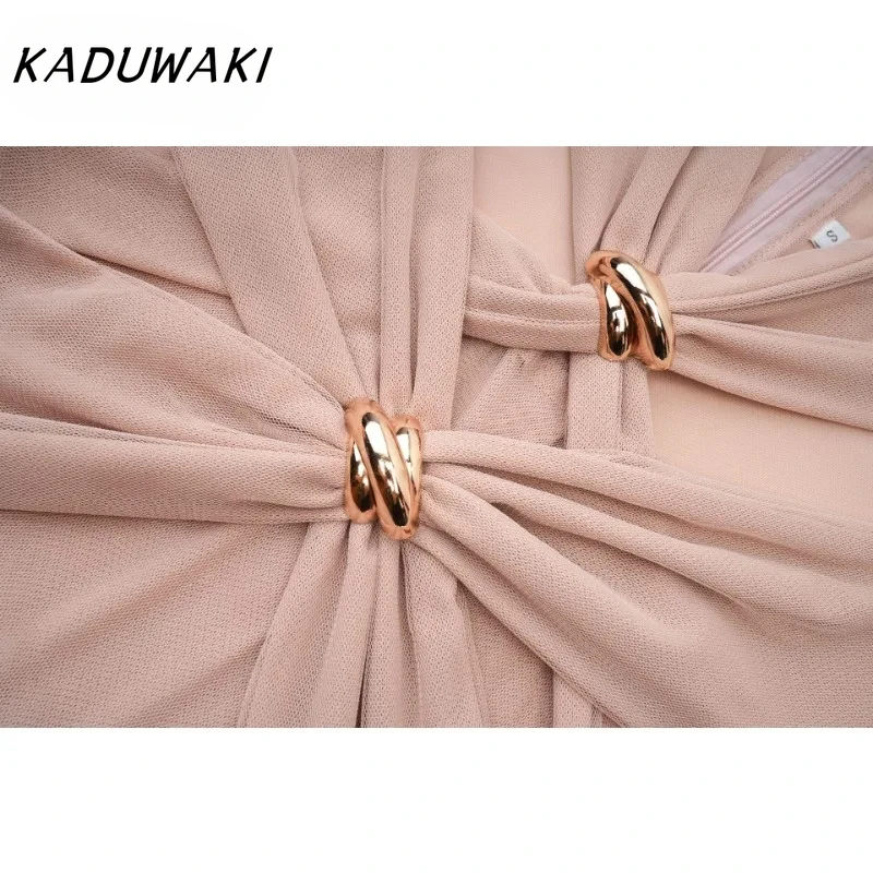 KADUWAKI Fall and Winter Fashion V-neck Long-sleeved Crossover Robe Temperament Elegant Slim Pleated Resort A-line Bodycon Dress