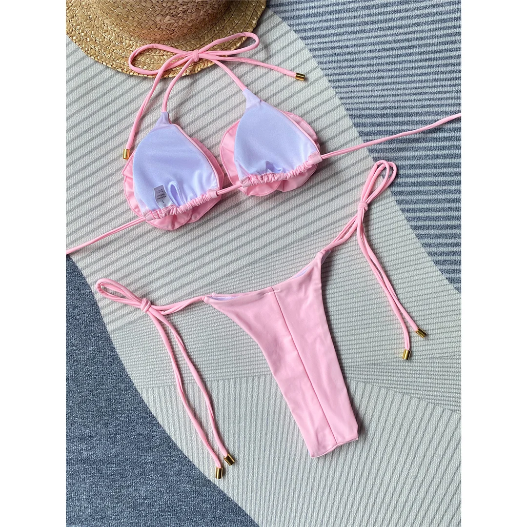 Halter 3D-Blumen Mini Micro Thong Bikini Damen Bademode Zweiteiliger Bikini Badeanzug Badebekleidung V4937 – Detail 20