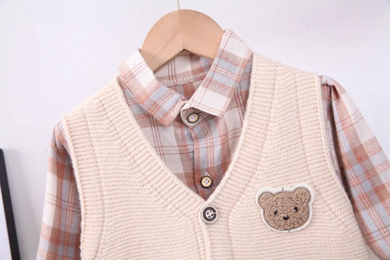 Spring Autumn Western Baby Infant Boys Clothes for Kids Boy Cartoon Knitted Cardigan Sweater Vest + Plaid Shirts + Pants Outfits