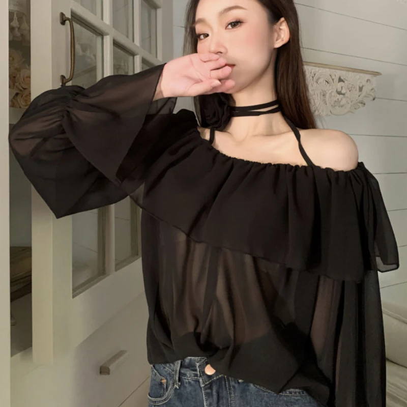 Blouses Women Elegant Loose Slash Neck Spring Korean Style Ruffles Casual Temperament Solid Flower Design Ladies All-match Chic