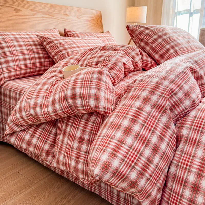 Red Checked Cotton Single Bed Cover 2025 New Simple Yarn-dyed Duvet Quilt Cover Skin Friendly 160x210 220x240 Ventilate Bedding