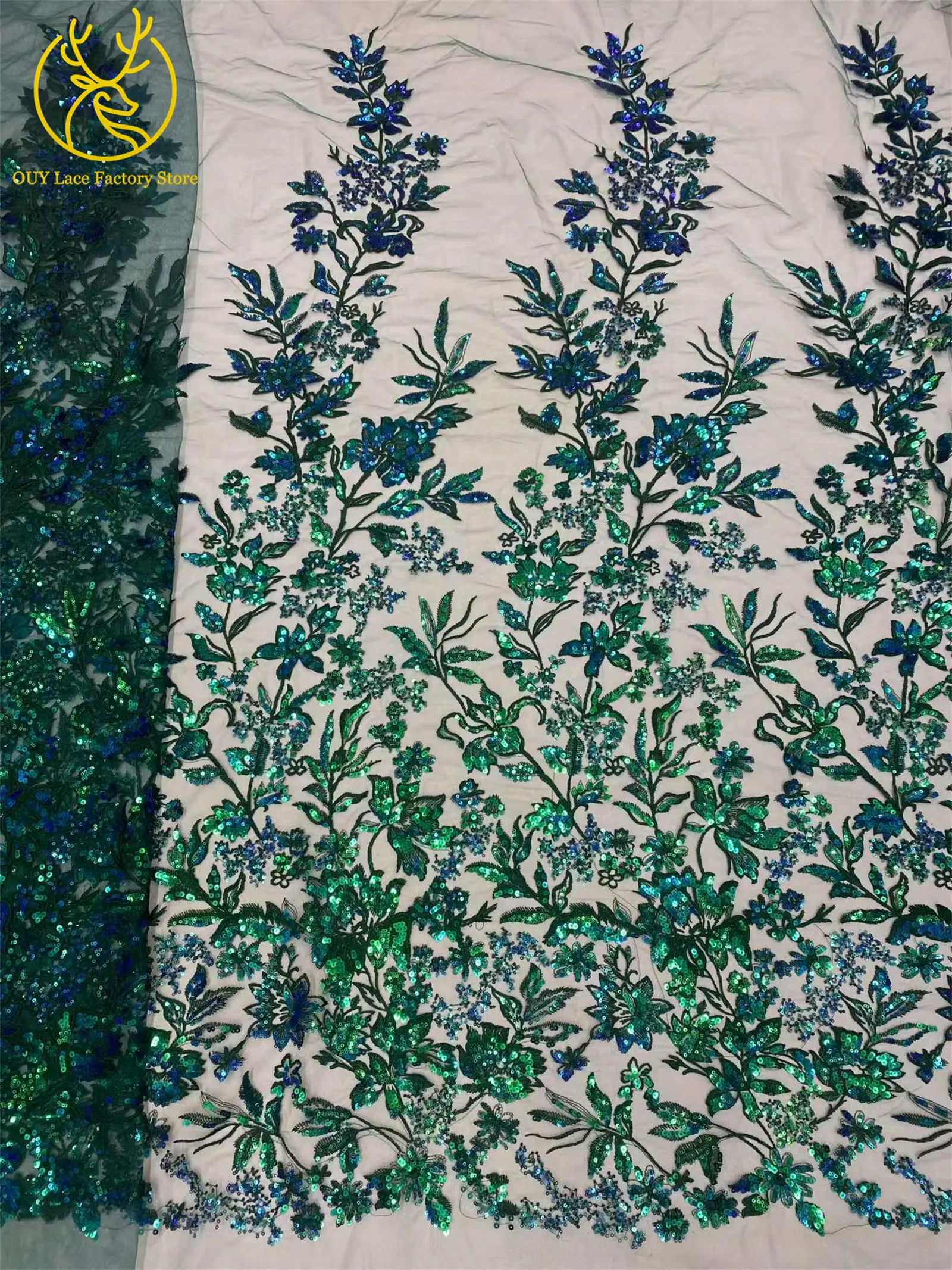 Goldener Luxus-Tüllstoff mit französischer Stickerei und Pailletten, afrikanischer Pailletten-Mesh-Tüllstoff zum Nähen von Hochzeits- und Abendkleidern – Detail 7
