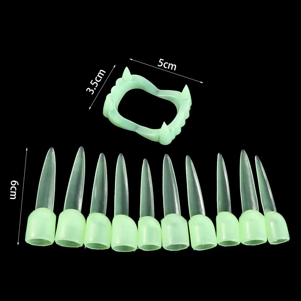 Fantasia dentadura luminosa dente falso engraçado criativo dia das bruxas dentes caninos segurança brilho no escuro brilhante protetor de dedo adultos