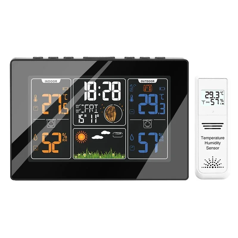 

PT201C/PT201B Wireless Digital Color Screen Weather Forecast Station LCD Alarm Wall Clock Outdoor Indoor Hygrometer Thermometer