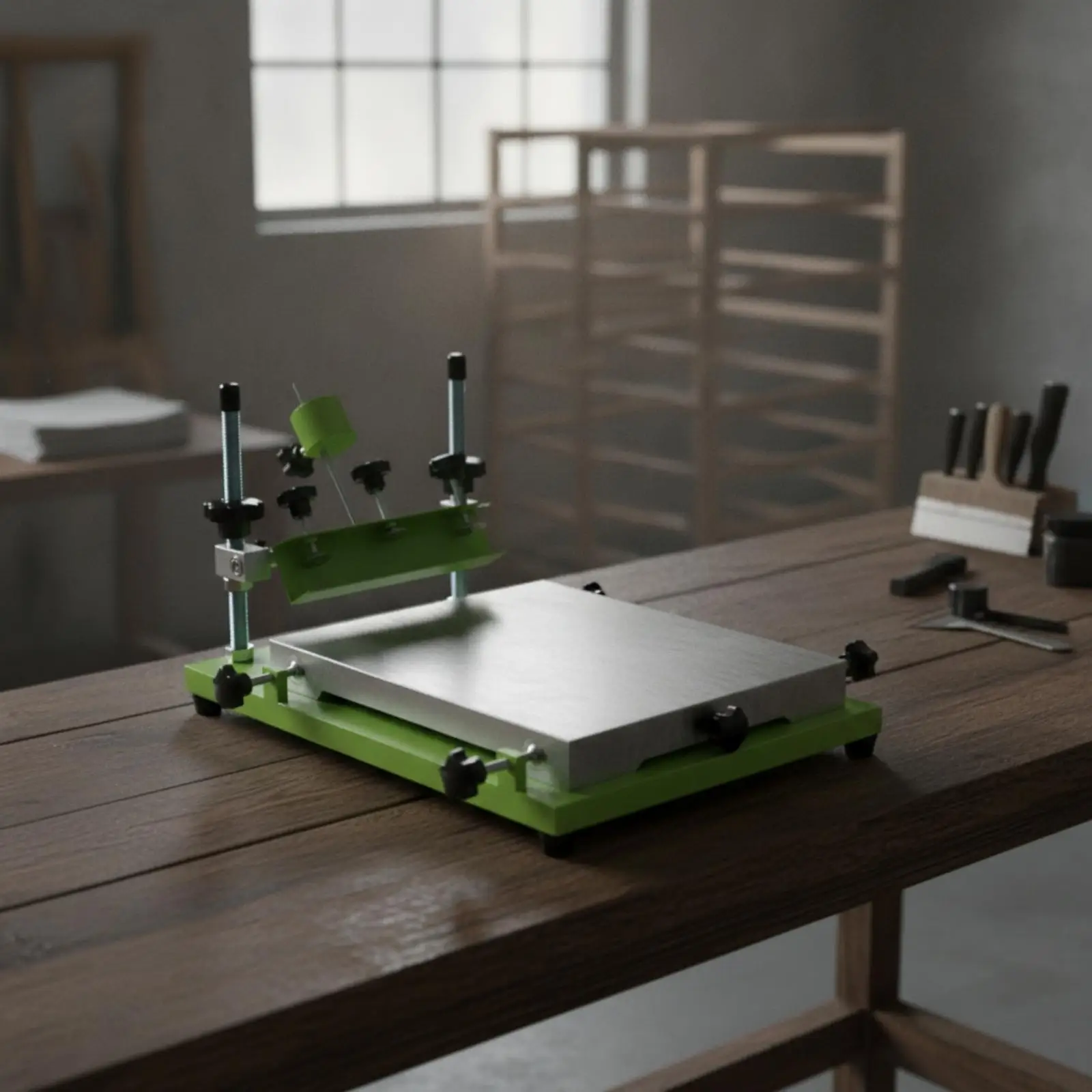 Hand Operated Screen Printer with Adjustable Screen Holder and Threaded Rods for Flat Material Printing on Studio Use