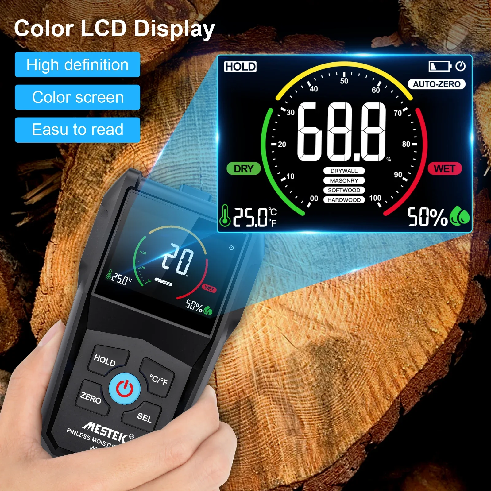 Portable Wood Moisture Meter Inductive Wood Timber Moisture Meter Color Screen Digital Electromagnetic Wood Humidity Tester