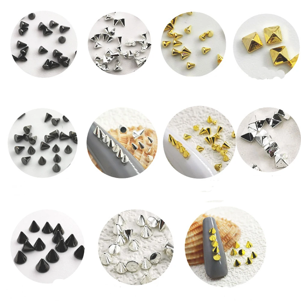 100pcs Mini Rock Metal Rivet Nail Art Charms 3D Punk Gothic Gold/Silver/Black Alloy Bullet Cone Revits Nail Decorations DIY Nail