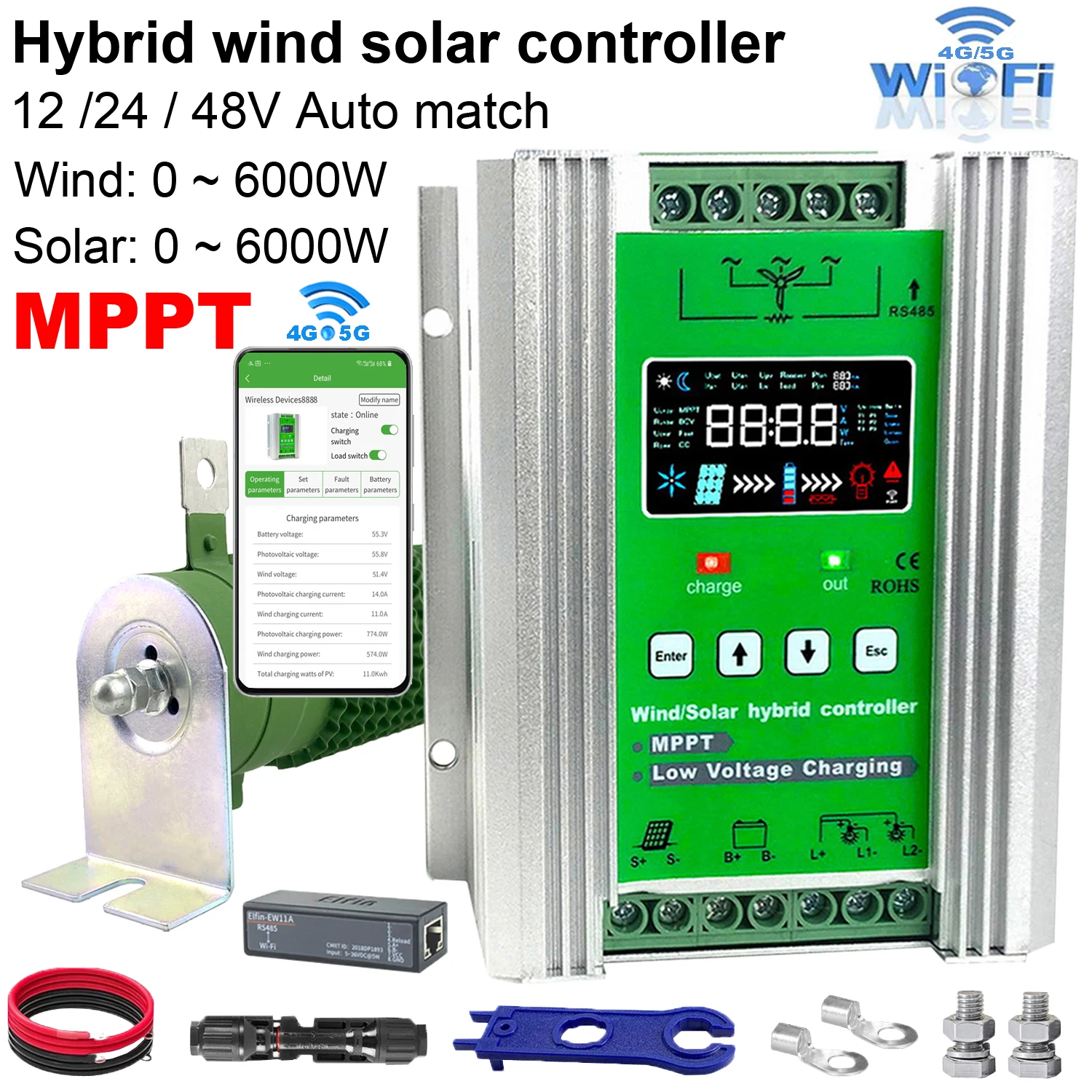 Wifi MPPT Wind Solar Hybrid Charge Controller Wind 5000W & Solar 6000W 12/24V/48V Automatic Hybrid Controller With Dump Load
