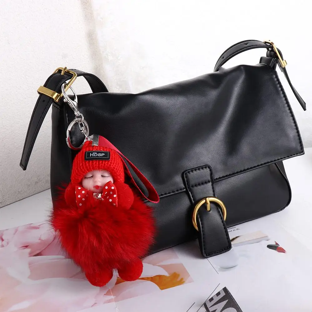 Colorful Ball Pendant Backpack Cars Key Ring Bag Pendant Sleeping Baby Doll Fluffy Plush Doll Pompom Keyring Plush Keychain