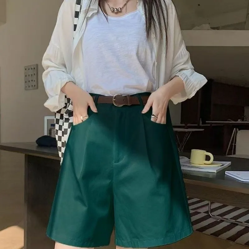 Pantalones cortos Bermuda de cintura alta para mujer, color verde oscuro, corte en A, pierna recta, informales, para verano