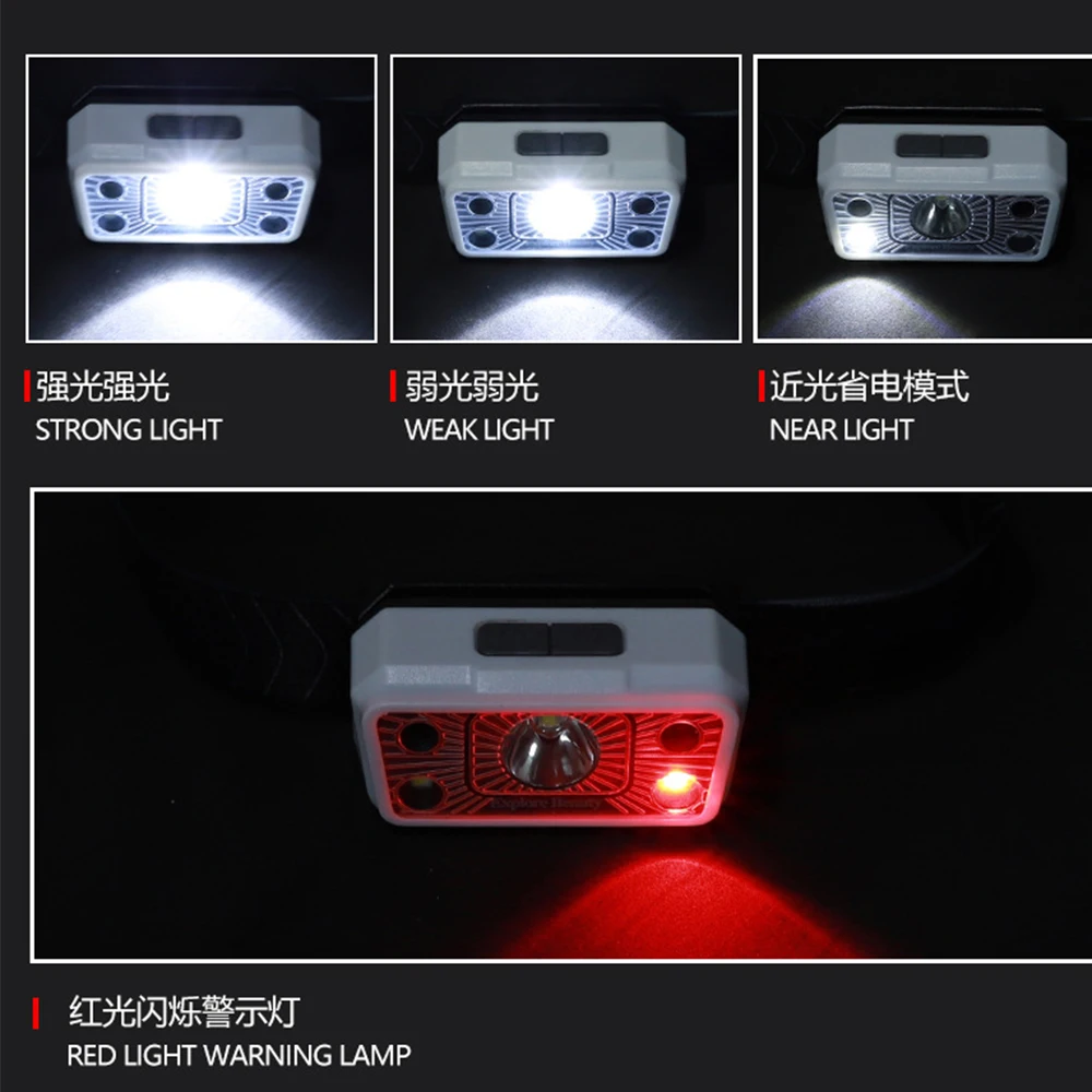 Portable Sensor LED Headlamp USB Charging Induction Headlight Built-in 18650 Head Flashlight Red Warning Outdoor Hunting Lights