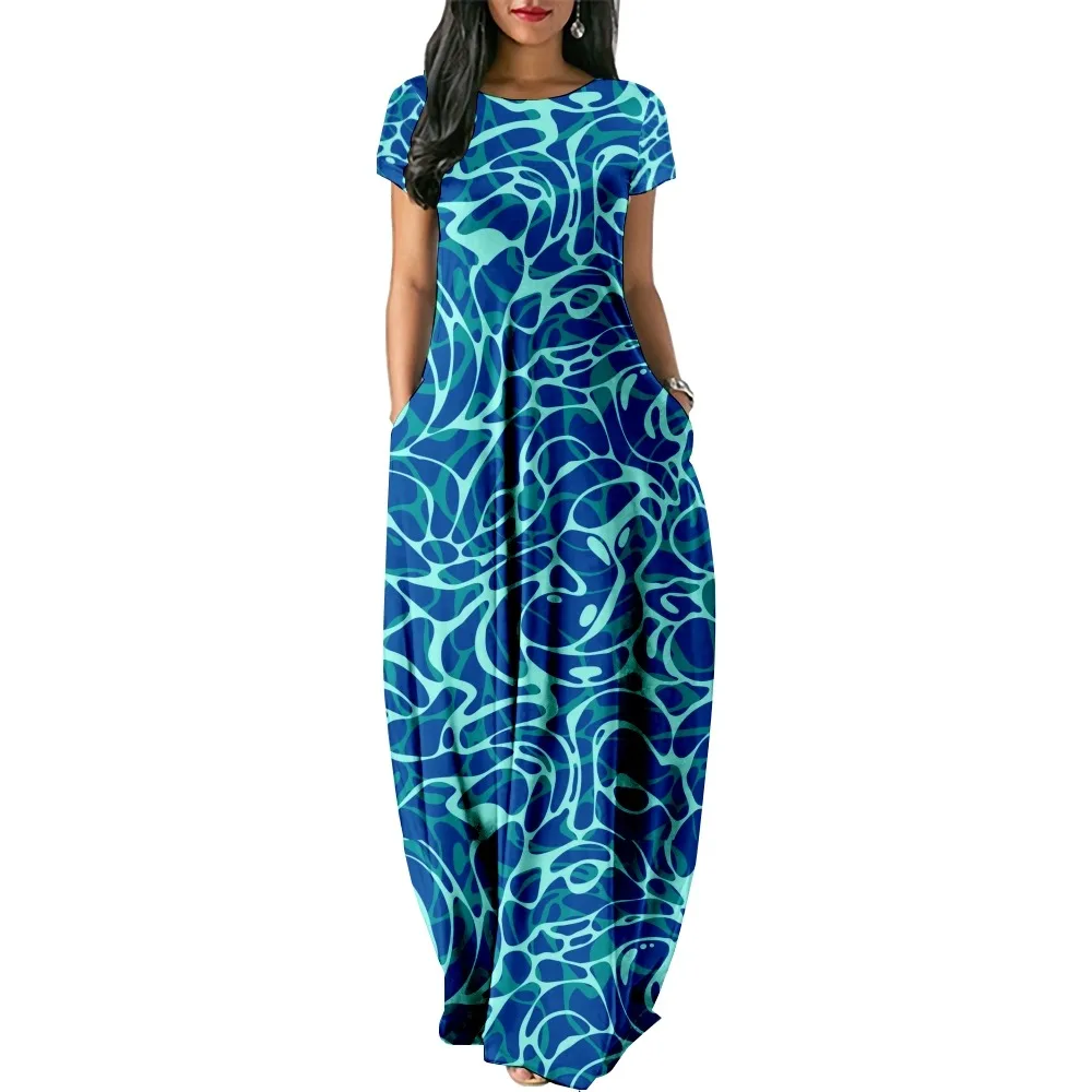 Water pattern Print Patchwork Print Women Casual Short Sleeve Dress Loose Long Double Pocket Beach Vacation Woman Dress