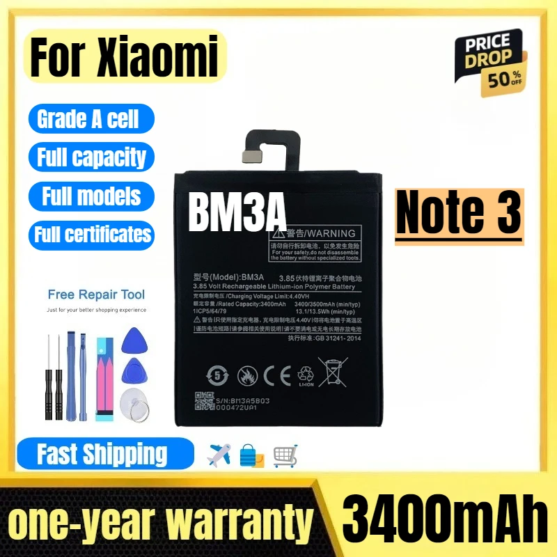 

BM3A for Xiaomi Note 3 Mobile Phone Battery High Quality High Capacity Battery Replacement Bateria Grade A Cell with Tools