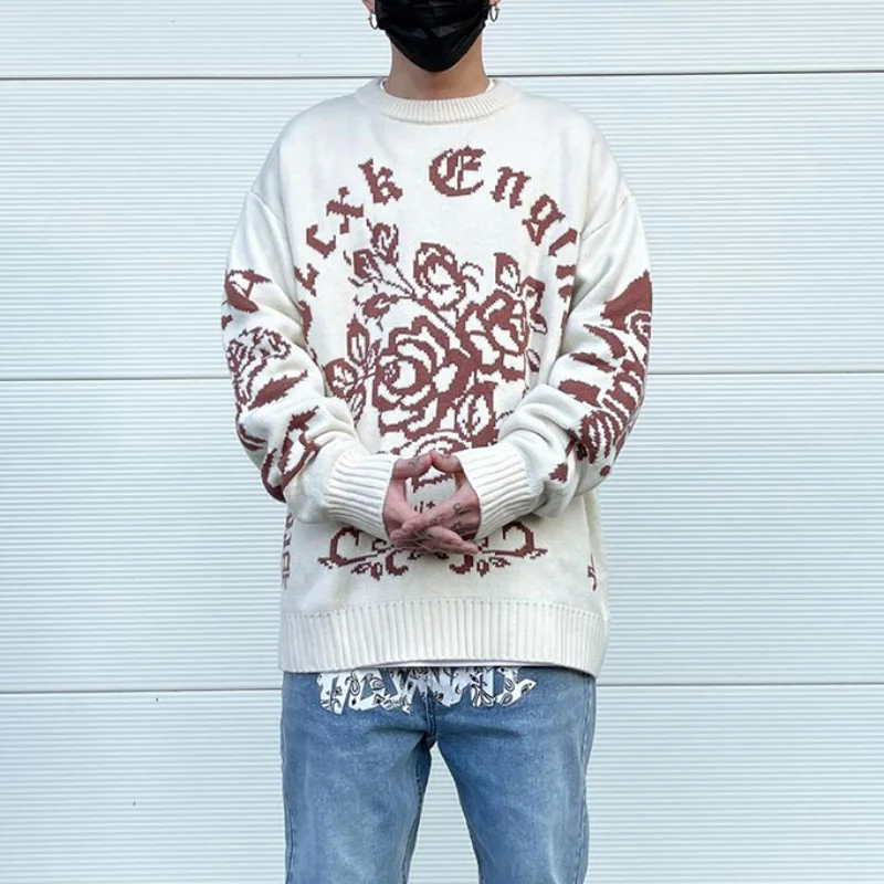 Harajuku Floral Pattern Knitted Pullover Jumper Sweaters Streetwear Hip Hop Casual Long Sleeve O-neck Knitwear Sweater Men Tops