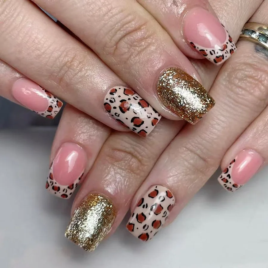 24 pçs cabeça quadrada de comprimento médio capa completa unhas dicas leopardo impressão francês unhas falsas pó brilhante destacável imprensa em unhas falsas