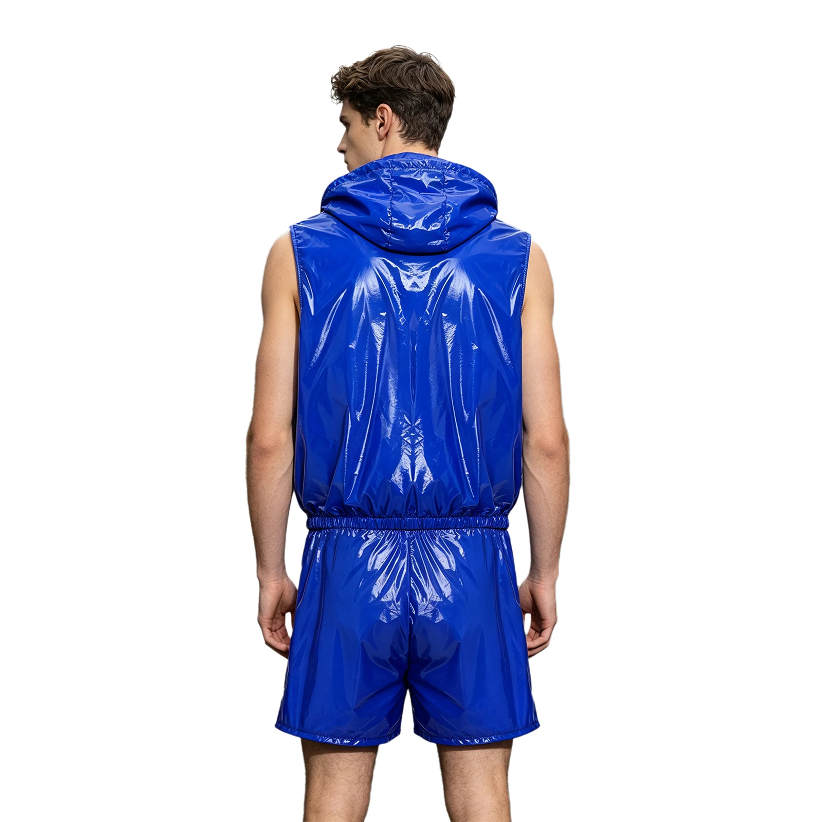 Mens Waterproof Sportwear Tracksuit Front Zipper Sleeveless Hooded Vest with Shorts Built-in Briefs for Gyms Fitness Workout view 4