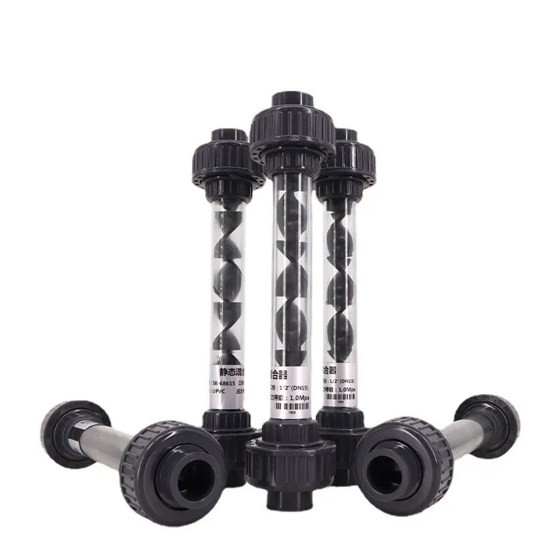 

Static ozone mixer in pipeline SK-type UPVC plastic mixer for dosing gas and liquid is transparent.