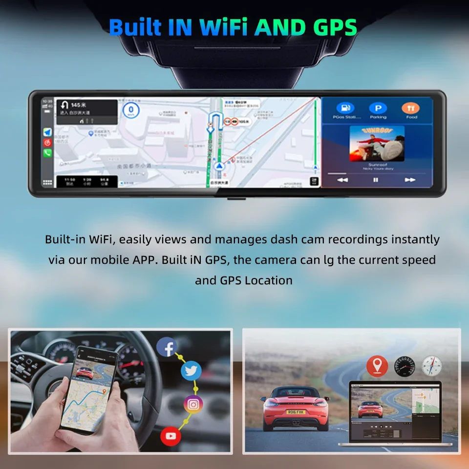 4K UHD 11.26 Inch 3 Channel Dash Cam GPS with Wireless Apple Carplay & Android Auto Voice Control Backup Camera IR Night Vision