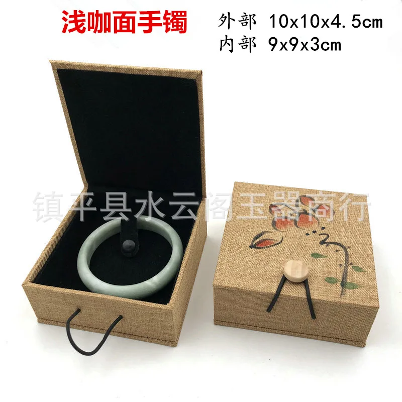 

Vintage Linen Fabric Wooden Buckle Printed Bracelet Jewelry Gift Box Storage Ring Pendant Bracelet Packaging Box
