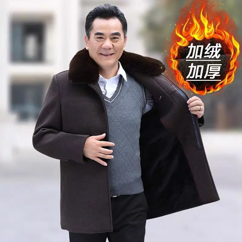 Middle aged Father's Wool Coat Men Woolen Winter Coat 50-60 Years Old Medium Long Style With Thick Velvet Men's Clothing Trench