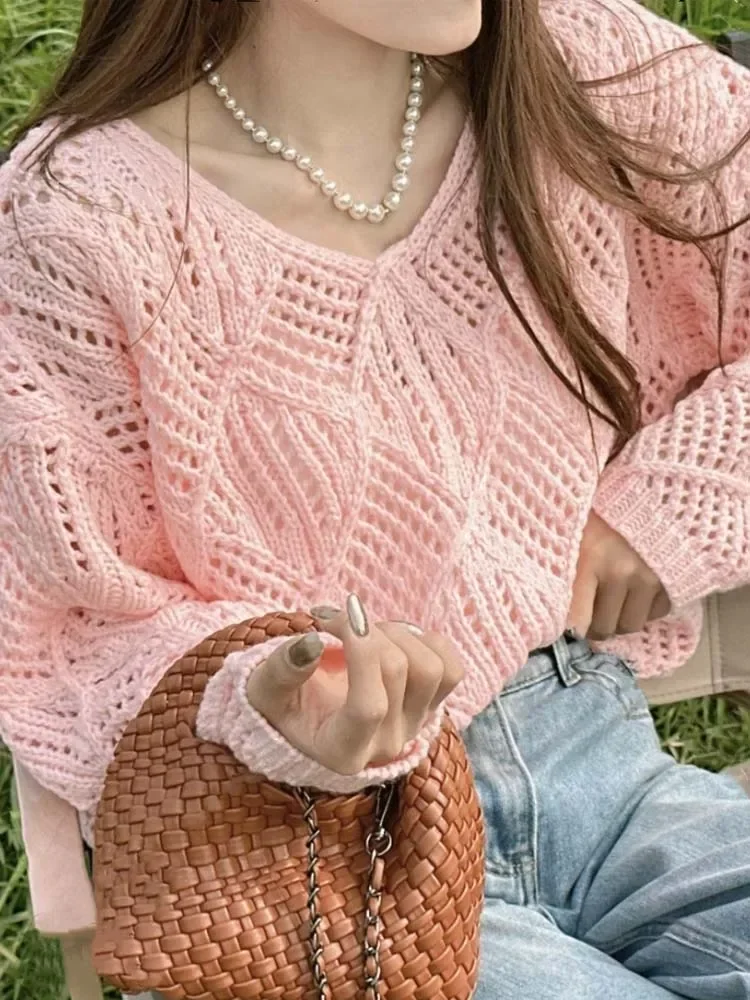 

Женский белый ажурный вязаный свитер, осенний свободный пуловер, женские повседневные топы с длинными рукавами, корейский модный милый джемпер, топ