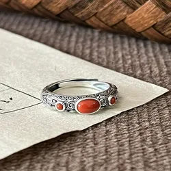 Fashion Hollow Pattern Rings for Women Retro Setting Red Stone Opening Index Finger Ring Mom Jewelry Accessories Holiday Gift