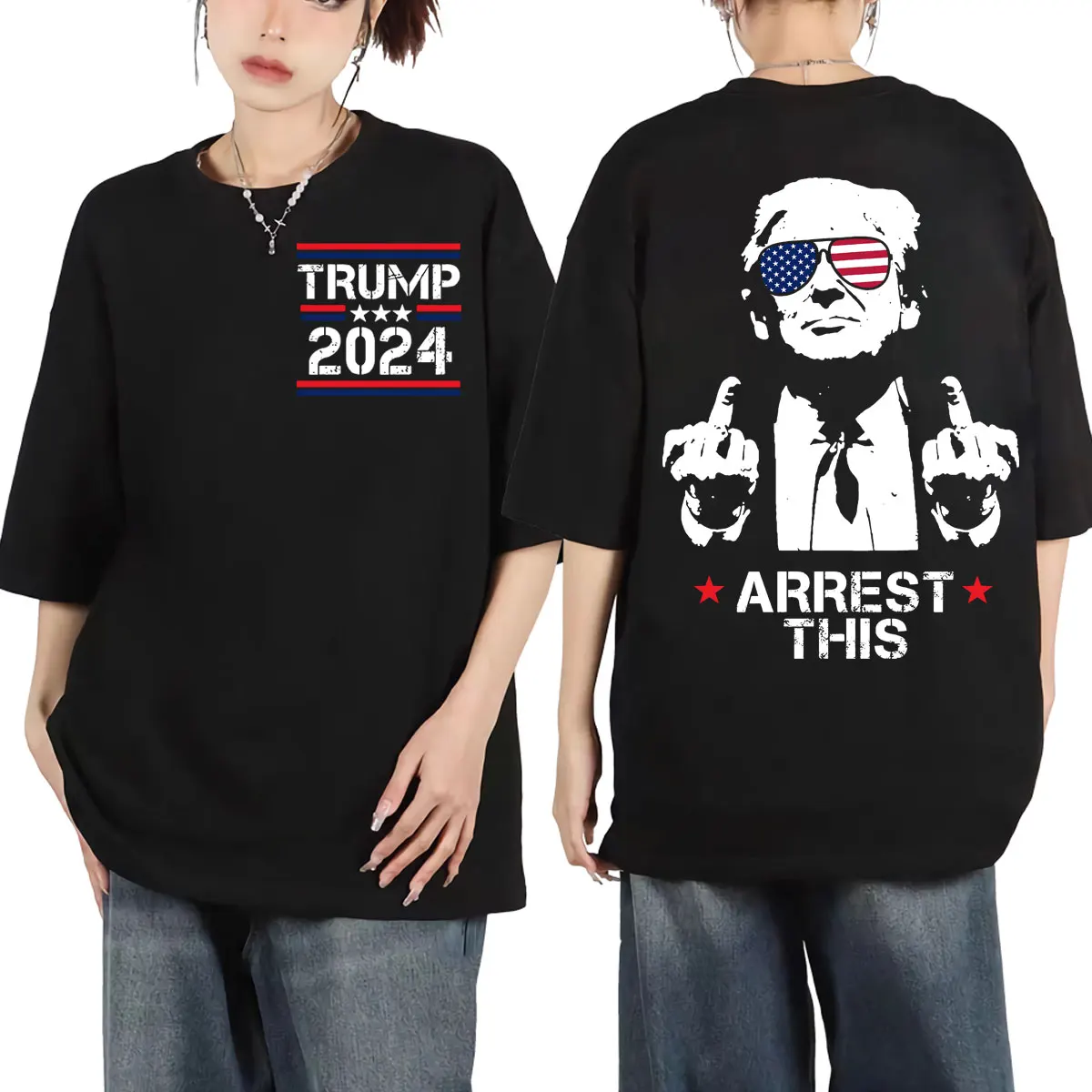 Donald Trump Arrest This Funny Double Sided Print T-shirt Unisex 100% Cotton Oversized T Shirts Casual Fashion O-Neck T-shirts