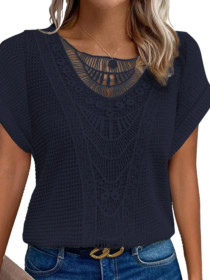 Cseta Fena de Manga Curta em Patchwork com Estampa Floral e Renda Casual Estilo Primavera Verão Tecido Poliéster Refor...