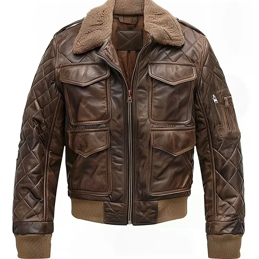 Quilted Leather Bomber Jacket Mens Vintage Aviator