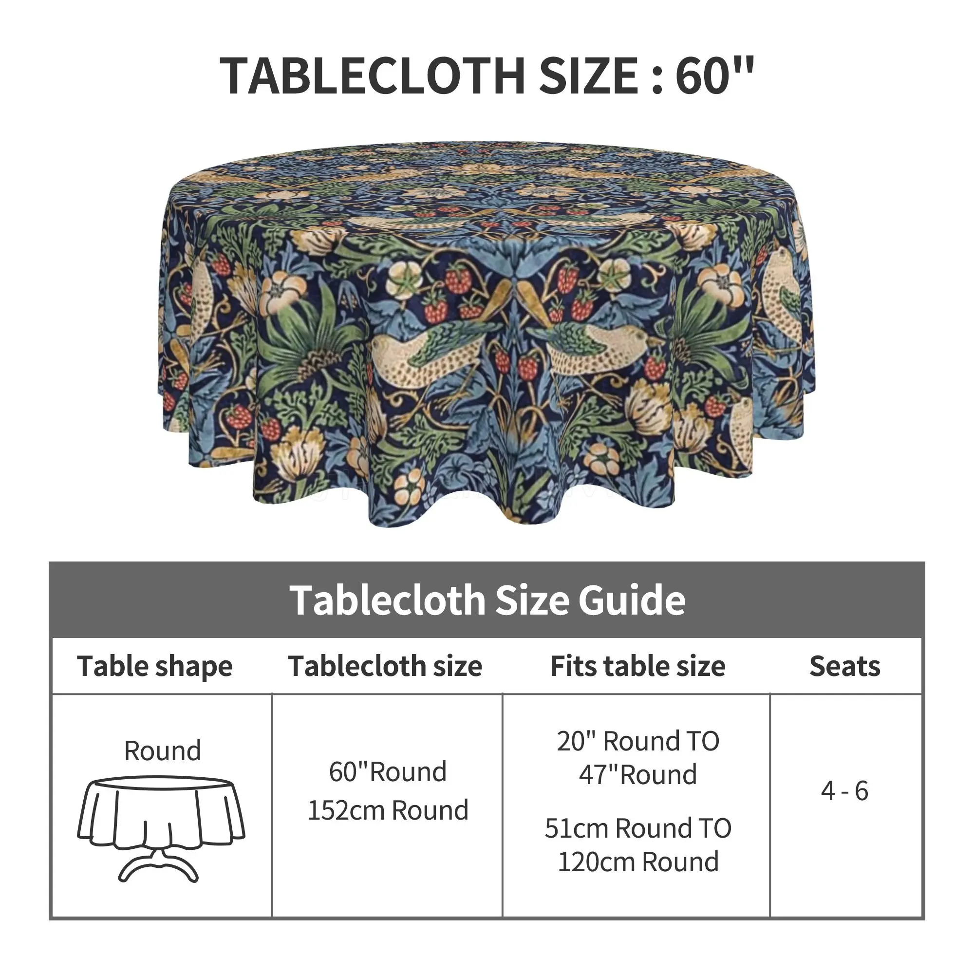 William Morris Print Round Tablecloth 60 Inch for Dining Washable Polyester Table Cloth Water Resistant Spill Proof Table Cover