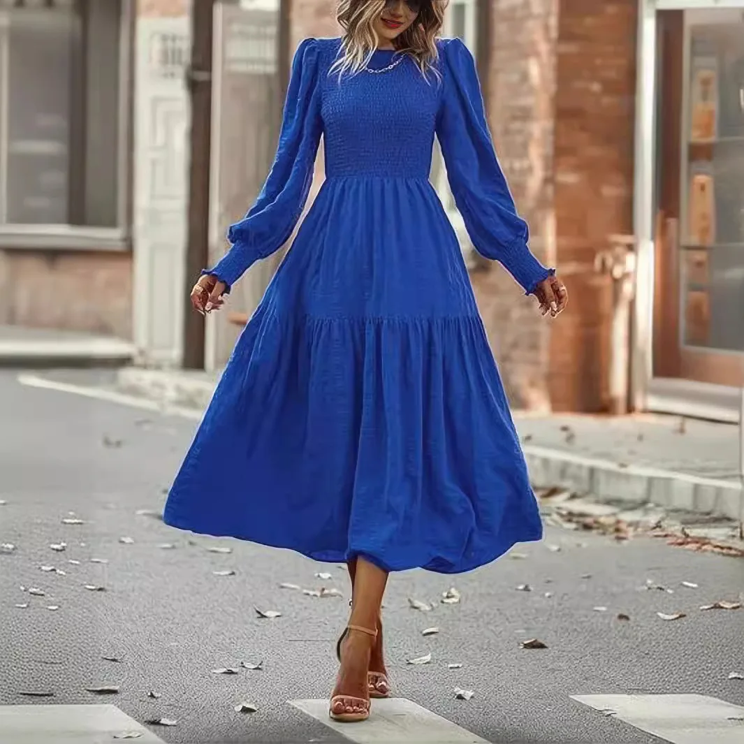2025 outono inverno novo boêmio smocked maxi vestido lanterna manga em camadas plissado hem saia elegante roupas femininas