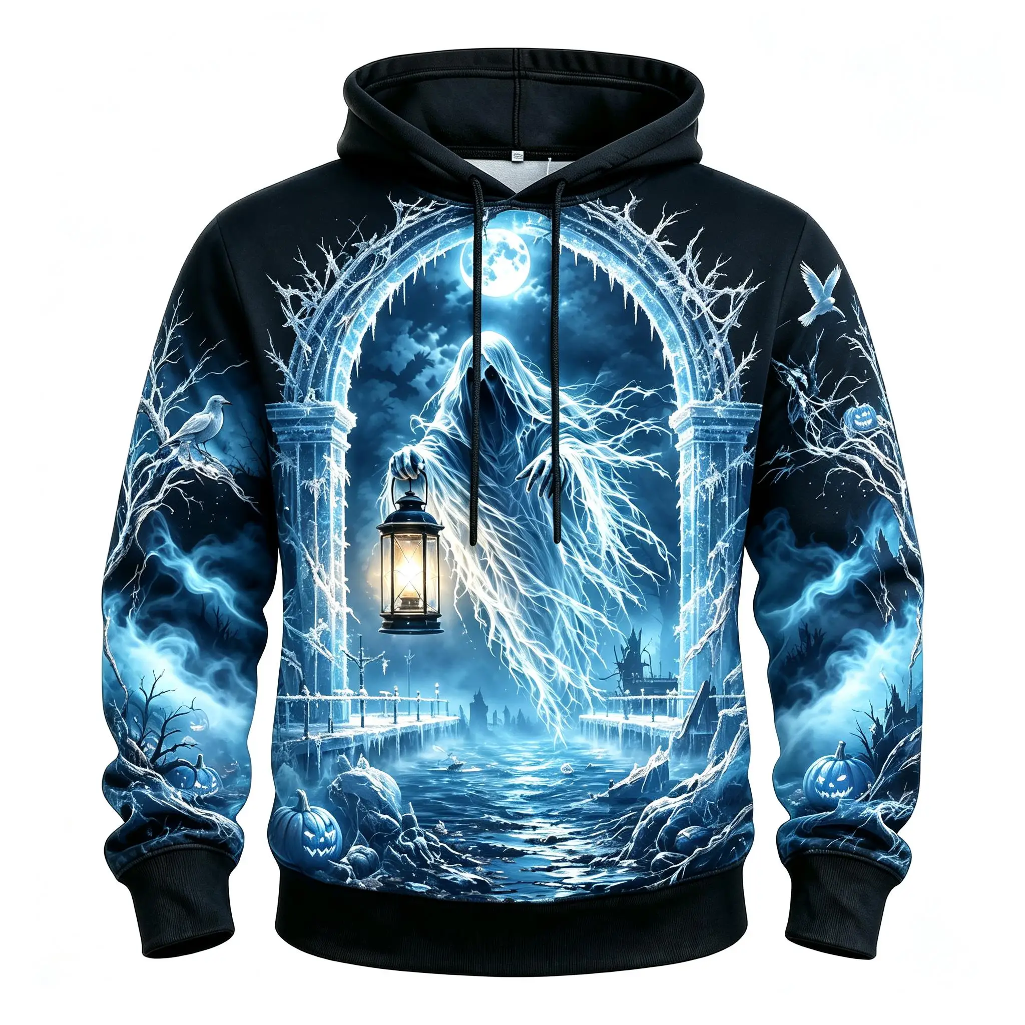 Men's Ghost Lantern Crow Haunted Forest Full Print Hoodie Halloween Gothic Long Sleeve Pullover Sweatshirt For Cosplay Party