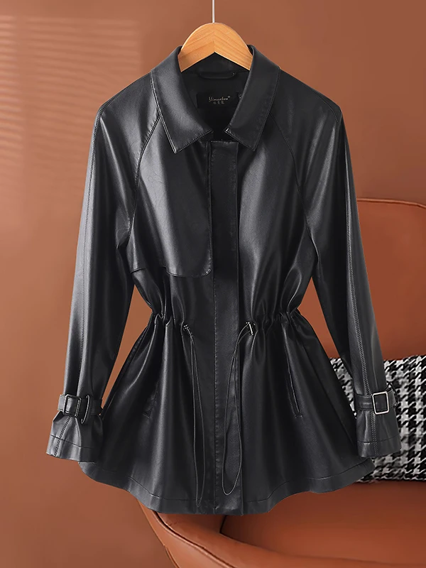 Women's Mid-Length Sheepskin Leather Jacket Coat Slim Fit High-End Feel Zipper Closure Long Sleeve Fashion Spring New Style