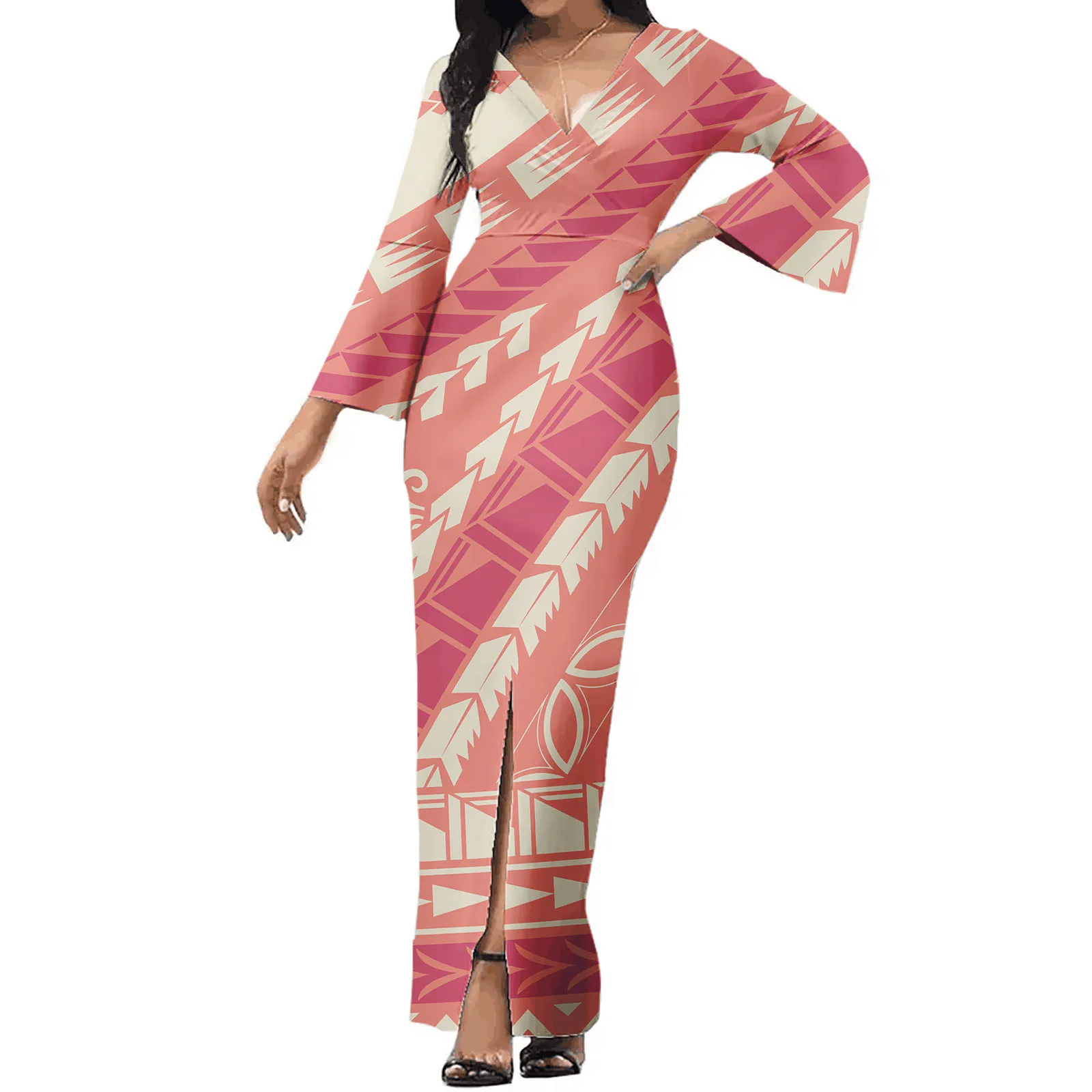 Tapa Melanesian Pacific Islands Art Design Custom Elegant Plus Size Women's Long Sleeve Dress