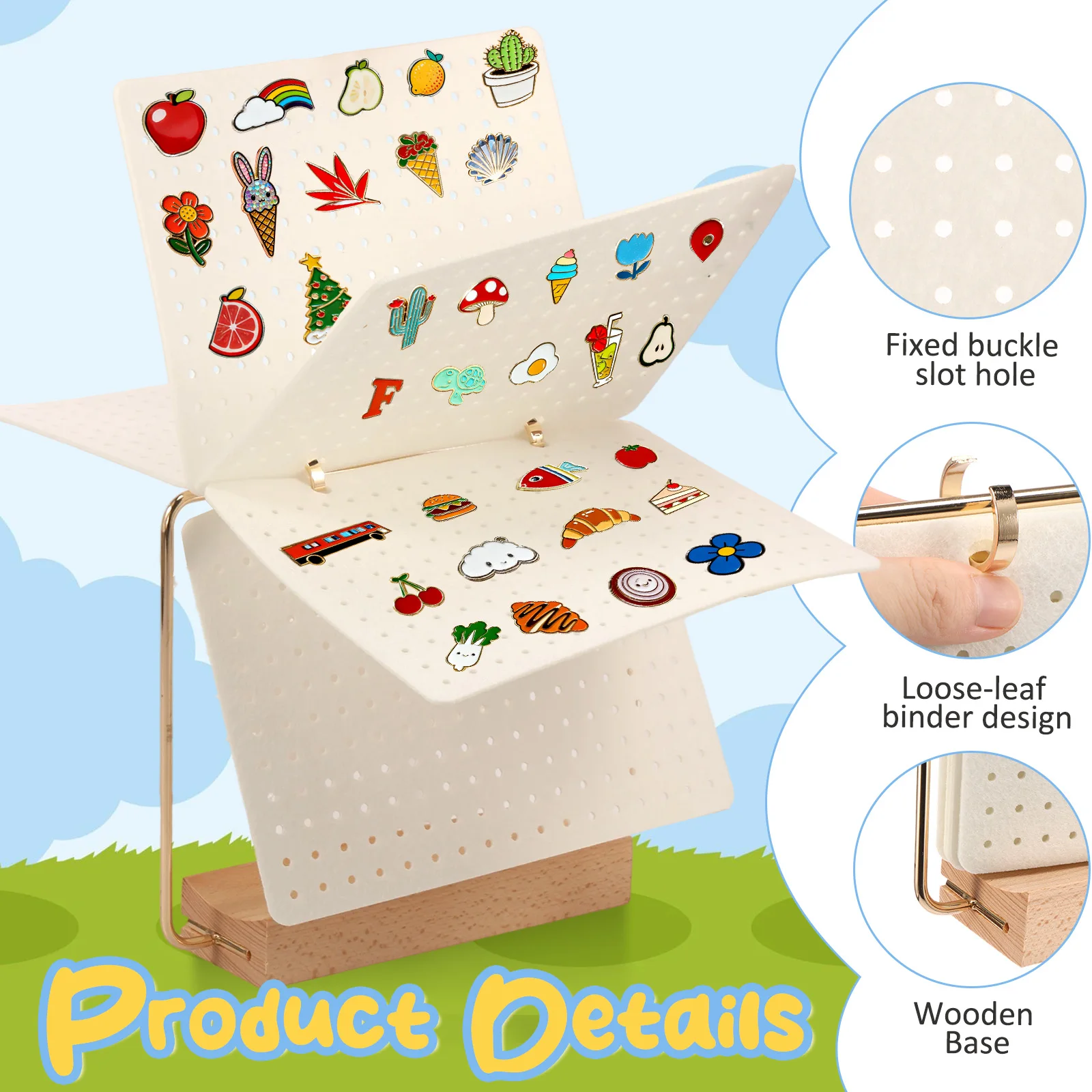 Pin Display Organizers Earring Hair Clip Flip-style Storage Holder Brooch Badge Collection Calendar Wooden Stand with 6 Pages