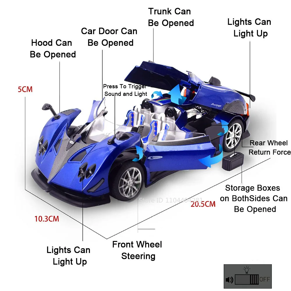 1:24 PAGANI ZONTA HP Huayra Speelgoed Miniatuur Auto Diecast Modellen Deuren Geopend Geluid Licht Trek Voertuigen voor Volwassen Gift Ornament