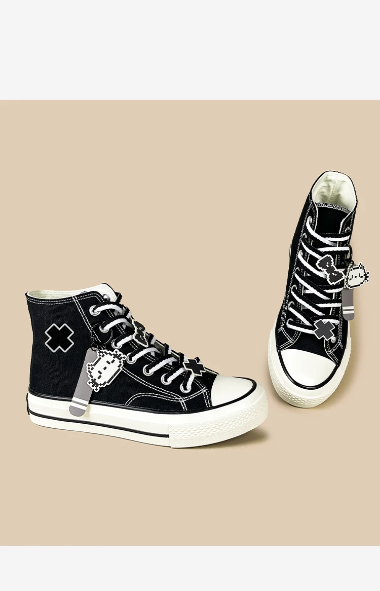 Amy und Michael: Süße High-Top-Sneaker aus schwarzem Canvas für Mädchen – Niedliche, lässige Anime-Schuhe, bezaubernde vulkanisierte Damenschuhe – Detail 11