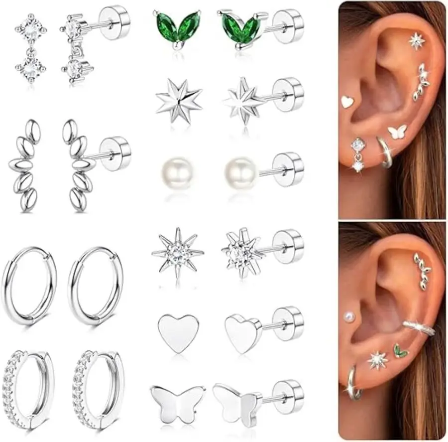 Bobisty 10Pairs Surgical Steel Earrings Cartilage Hoop for Sensitive Ears Women Trendy Flat Back Studs Stacks Tragus Piercing
