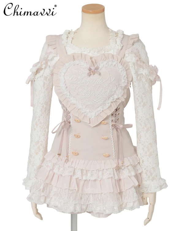 

Japanese Mass-Produced Sweet Cute Lolita Set Sweet Lace Big Heart Embroidery Strap Dress Skirt Elegant Princess Liz 2Piece Set
