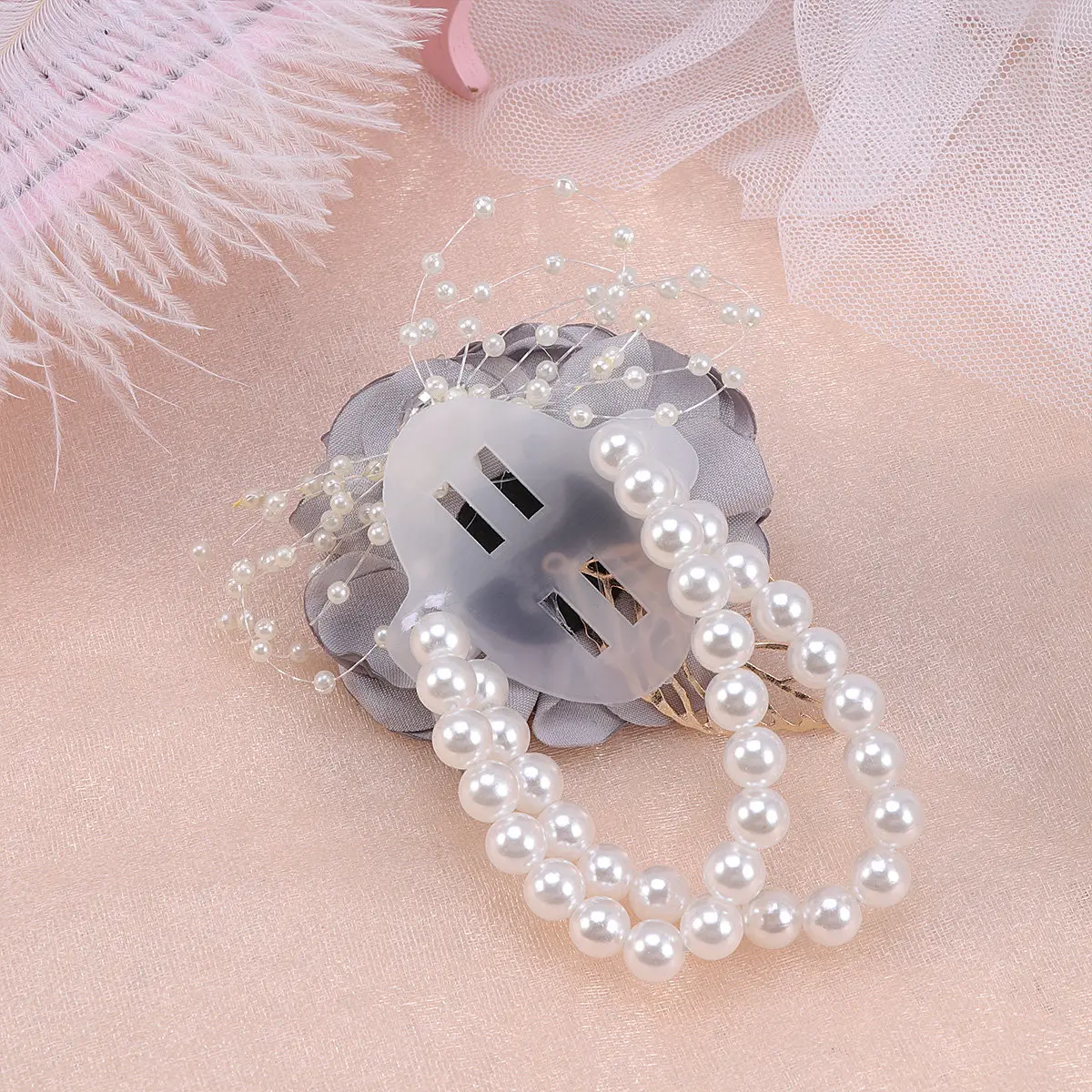 Light Grey Artificial Rose Wrist Corsage Elastic Pearl Bracelet Bridal Bridesmaid Wedding Prom Flower Decoration