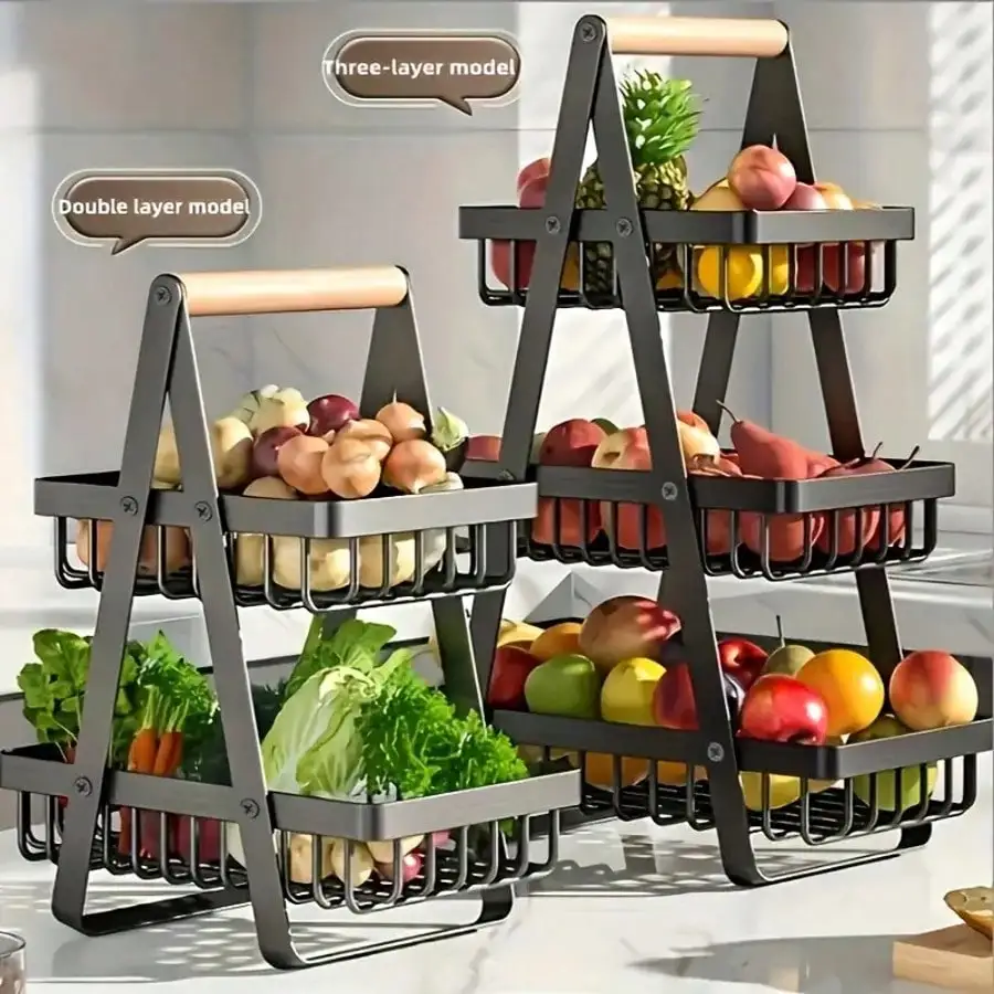 

TAIMASI Portable 2/3 Tier Metal Fruit Basket - High-Capacity Countertop Organizer With Detachable Rectangle Design