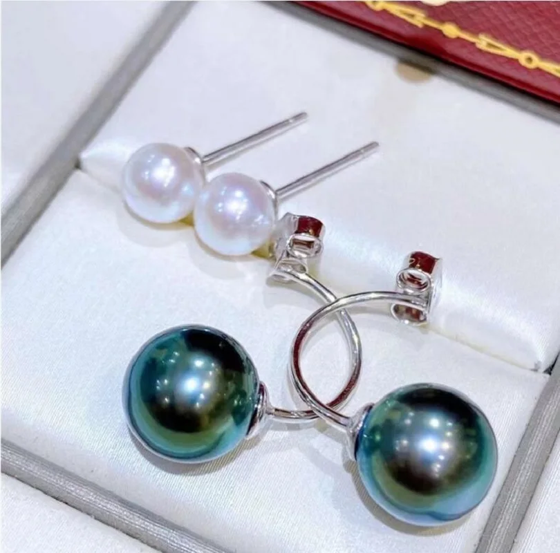 Stunning Pair of  5-6mm 8-9mm natural south sea black white perfect round pearl earring 925s