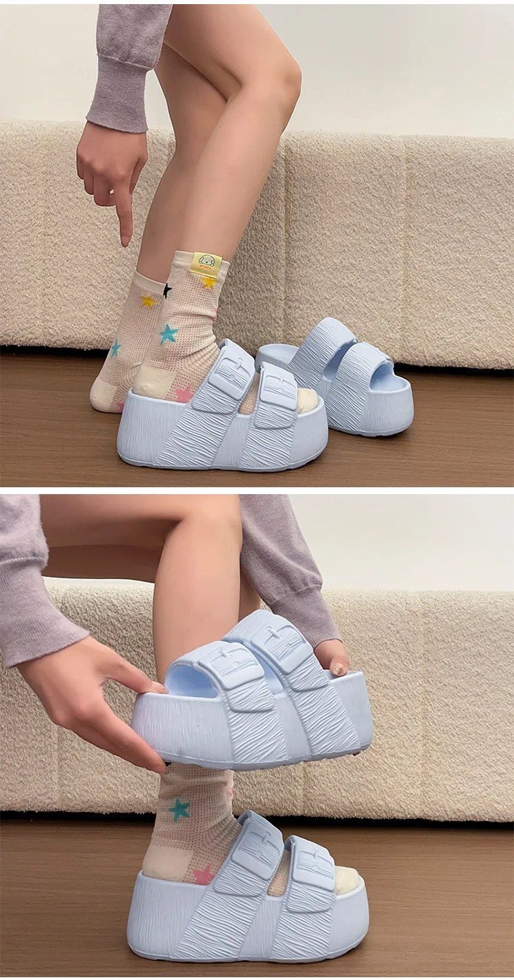 ZUOFU Damen Doppelschnallen-Plateau-Keilabsatz-EVA-Sandalen Frühling Sommer Rutschfeste Strukturierte Indoor-Outdoor-Strandpantoffeln – Detail 4